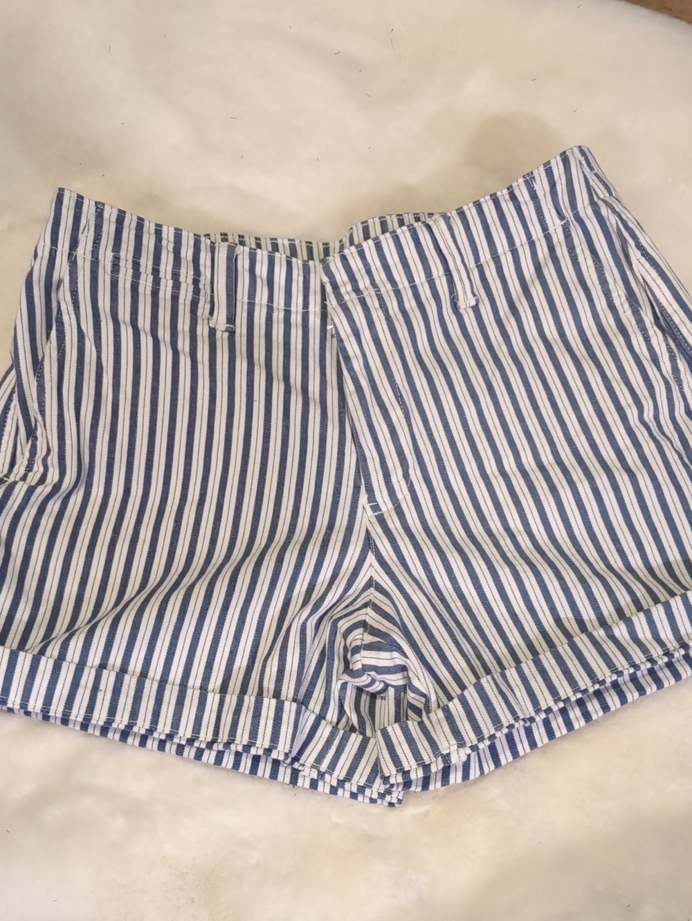 Lands' End Blue and White Vertical-Striped High Waist Shorts